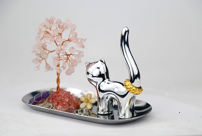 Carselage Cat Ring Holder, Cute Animals Jewelry Tray, Cat Lovers Gifts for Women, Pink Room Japanese Decor, Birthday Gifts for Teen Girls Trendy Stuff - Rose Quartz