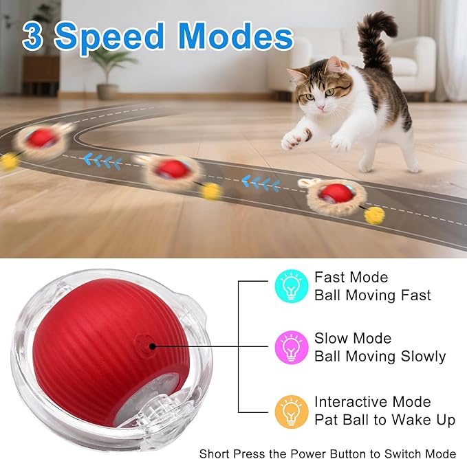 Interactive Cat Toys, Hide and Seek Cat Enrichment Toys for Indoor Cats, Automatic Cat Toy Fast Rolling Ball in Play Mat for Bored Indoor Adult Cats & 2PCS Hanging Feather Toy (28 Inch)