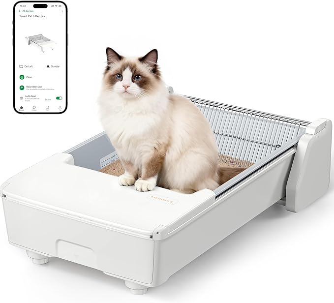 Meowant Self Cleaning Cat Litter Box, Open Top Automatic Litter Box for Multi Cats, Dual Rake, Works with Clumping Litter, Anti Pinch Safe Protection, Odor Control, Easy to Clean, White