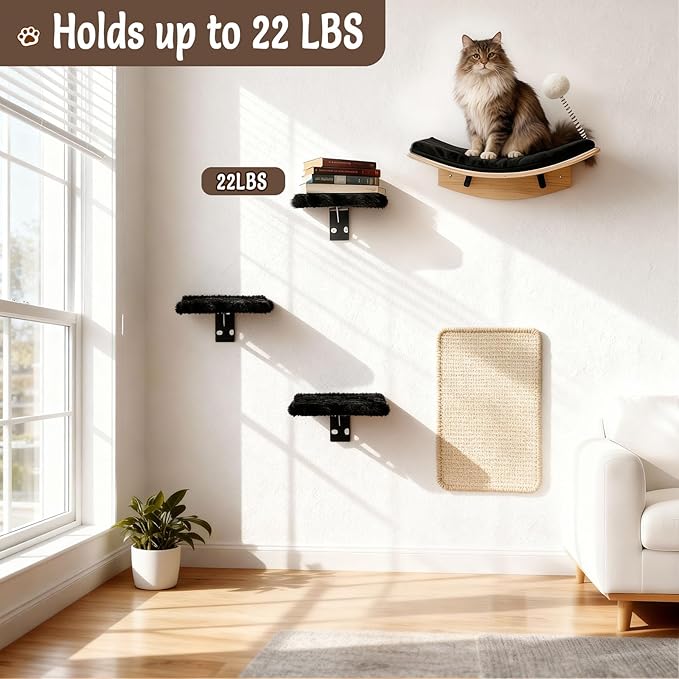 Cat Shelves for Wall，5 in 1 Cat Furniture Set with Soft Curved Pad，Modern Space-Saving Wall Mounted Shelves for Play & Rest