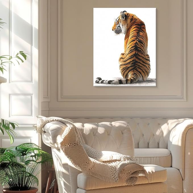 Modern Tiger Wall Art Decor Majestic Tiger White Print Picture Modern Animal Wall Decor for Home Living Room Bedroom 8x10 Inch Canvas Framed