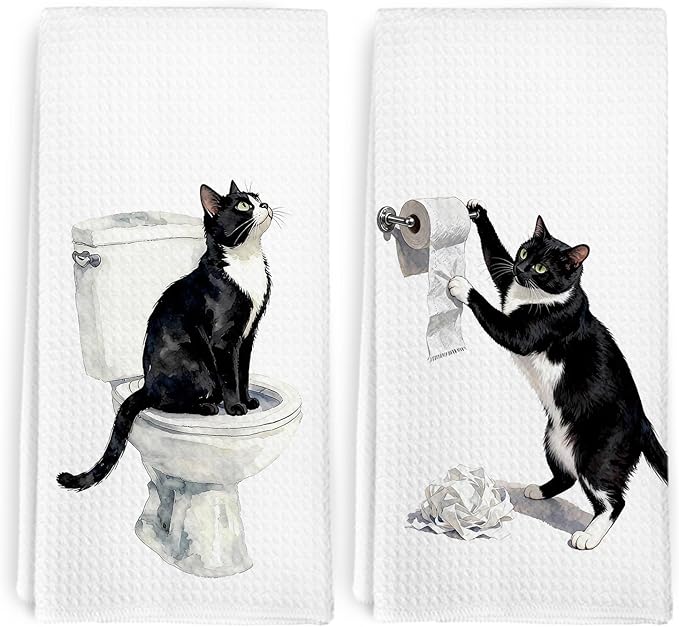 Funny Tuxedo Cat Hand Towels for Bathroom Washroom Kitchen Decor, Tuxedo Cat Gifts for Women Men, Cute Cats Decorative Hand Towels Set of 2, Black Kitty Themed Dish Tea Towel, 16x24 Inch