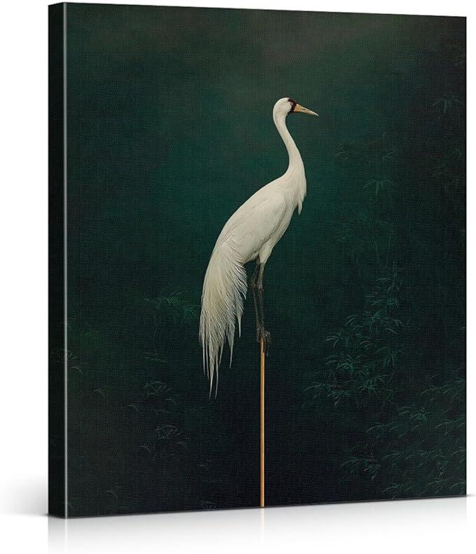 Japanese Crane Canvas Wall Art Vintage Bird Print Painting Dark Green Wall Decor for Home Farmhouse Living Room 8x10 Inches Framed