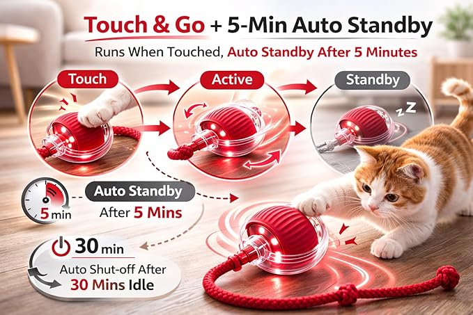 OAOAPLOS® Interactive Cat Toy Rolling Ball, Automatic Self-Moving Rechargeable Cat Ball with LED Light, Smart Indoor Exercise Toy for Bored Cats & Kittens, Durable Silicone & ABS Design