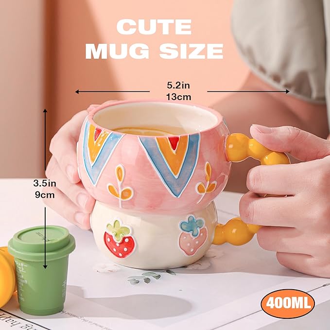 Ceramic Cartoon Coffee Mug,Aesthetic Hand-Painted Creative Ceramic Mug,Cute Mug, Aesthetic Coffee Mug, Ceramic Tea, 12oz/400ml for Tea Coffee, Milk and Oatm (Pink-Peach)