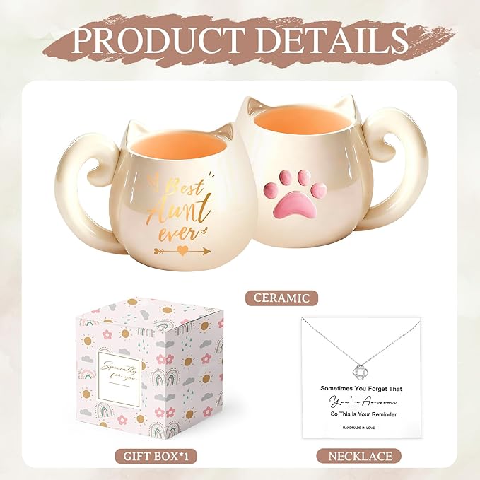 Best Aunt Christmas Gifts, Auntie Appreciation Gift Ideas with Coffee Mug Necklace, Aunt Mothers Day and Birthday Presents from Niece Nephew