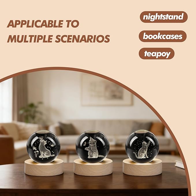 2.3in Crystal Ball for Cat Lovers 3D Glass Engraved Cat Decorative Night Light with Wooden Light Base for Birthday Wedding Housewarming