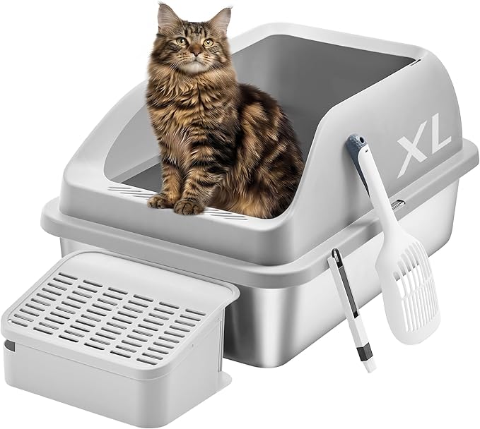 Feandrea Stainless Steel Cat Litter Box with Open Top, High Sided Litter Tray with Step, Scoop, Brush, for Cats up to 33 lb, Dove Gray UPPT008GD01