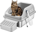 Feandrea Stainless Steel Cat Litter Box with Open Top, High Sided Litter Tray with Step, Scoop, Brush, for Cats up to 33 lb, Dove Gray UPPT008GD01
