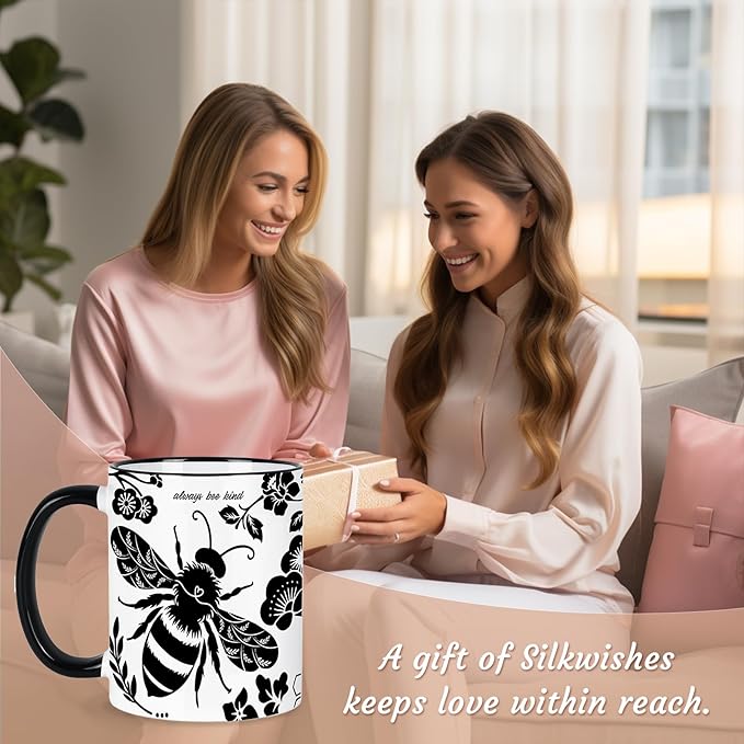 Bee Cups 11Oz Valentines Day Birthday Gift for Woman, Bee Gifts for Women Black and White Boho Coffee Mug, Bumble Bees Gifts Cute Coffee Mug for Women Microwave & Dishwasher Safe
