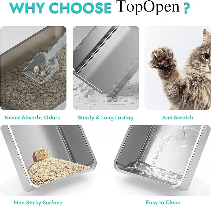 Stainless Steel Litter Box, Metal Litter Box with Scoop, High-Sided Leak-Proof Design, Non-Stick Base, Easy to Clean for Cat, Rabbit, Guinea Pigs and Hamsters