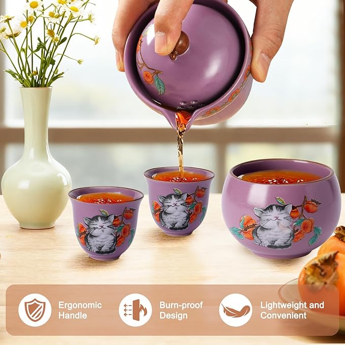 Mini Tea Cups,Cute Lucky Cat Cups,Small Tea Mugs,Porcelain Gongfu Tea set with 3 in 1,Tea Sets for Adults,Ceramic Tea Infuser Cup for Loose Leaf for Women/Tea Lovers/Birthday/Mother's Day (Purple)