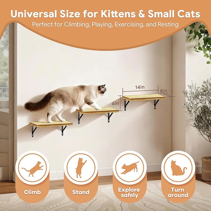 3Pcs 14"×8" Large Cat Wall Shelves - Wall Mounted Cat Shelves, Natural Wood with Fixtures for Large Cats and Kittens for Household Pets Sleeping, Playing, Climbing