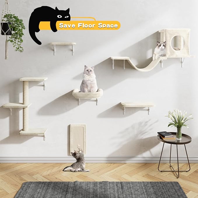 12-in-1 Cat Wall Shelves, Wall Mounted Cat Climber with Condo House, Scratching Post, Bridge Ladder, Space-Saving Indoor Play Furniture for Kittens, White
