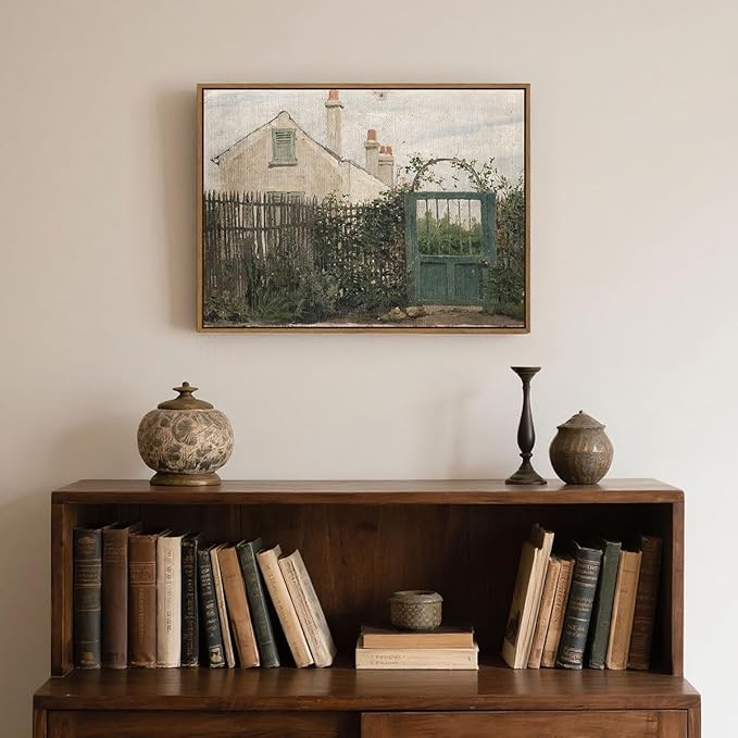 RGHPJCYS Farmhouse Wall Art Vintage Landscape Art Prints Rustic Cottage Fence Painting Picture Framed Country Garden Wall Decor for Living Room Bedroom Bathroom Home Kitchen Decoration, 12"x16"x1Pcs