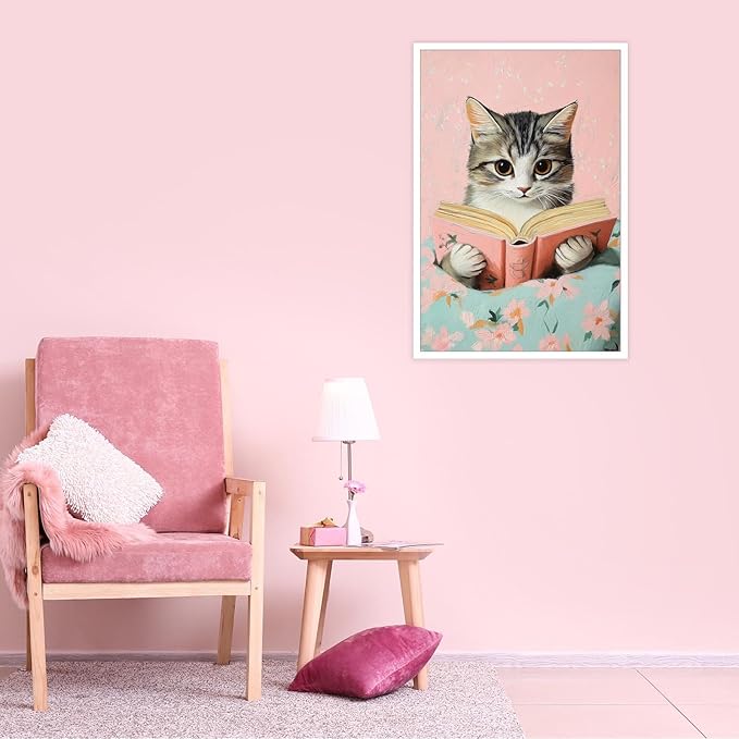 Vintage Cat In Bed Canvas Wall Art Funny Cute Cats Reading Books Poster Retro Pink Girls Room Pet Animal Aesthetic Prints Painting For Home Bedroom Kids Room Dorm Wall Decor 16x24in Unframed