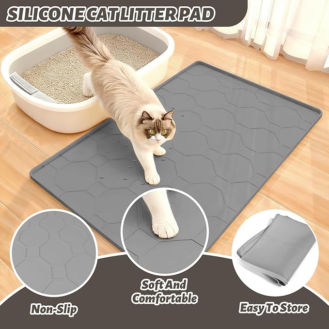 Extra-Large Cat Litter Mat, 38“ x 26” Soft Silicone Cat Litter Trapping Mat for Cat Paws, Waterproof and Non-Slip, Urine-Resistant & Easy to Clean (Gray)