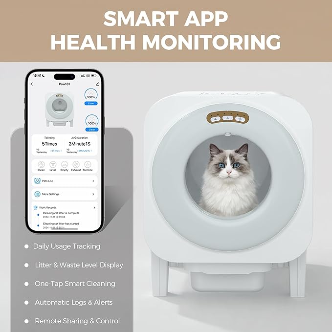 Automatic Cat Litter Box, 68L Self Cleaning Litter Box with APP Control, Dual Safety Protection and Odor Removal for Multiple Cats, White