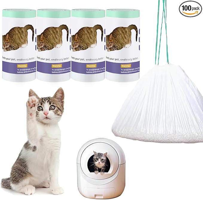 100 Count Self Cleaning Cat Litter Box Liner Bags Compatible with Automatic Cat Litter Box, Thick Heavy Duty Drawstring Replacement Waste Drawer Liners-25.2" x 11.8"