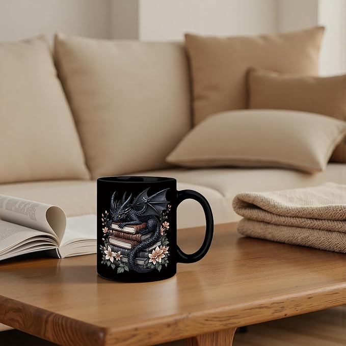 Black Book Lover Mug 11 oz, Book Lover Gifts for Women, Bookish Reader Bookworm Gifts Coffee Cups Ceramic, Black Floral Dragon Ceramic Mug for Coffee Tea Hot Cocoa Home Office Work