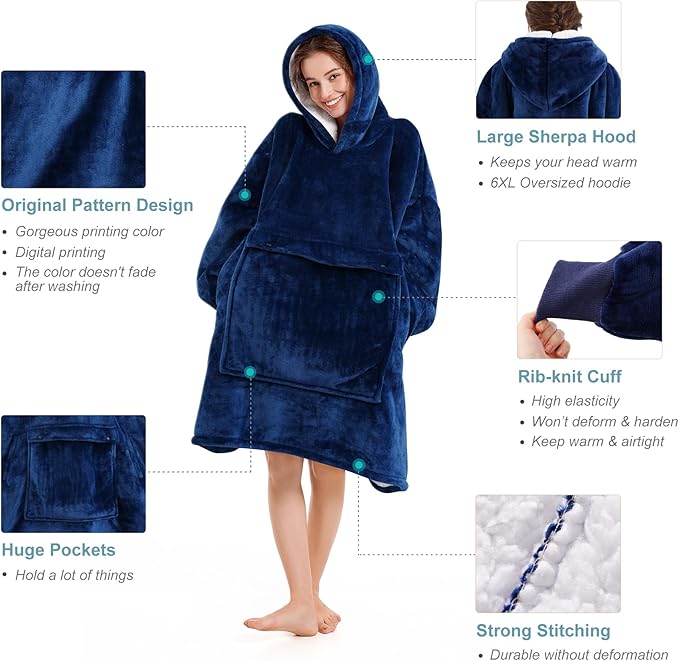 Narecte Cozy Oversized Blanket Hoodie Wearable Blanket Adults Soft Hooded Blanket Hoodie Birthday Gifts for Women Christmas