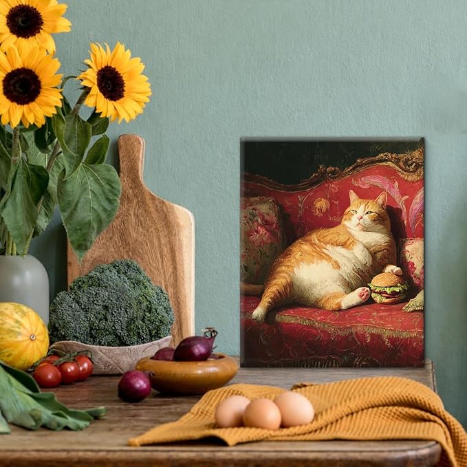 Vintage Fat Cat Wall Art Decor Funny Lazy Cat with Hamburger Print Picture Cat Lover Gifts Wall Decor for Home Living Room 8x10 Inch Canvas Framed