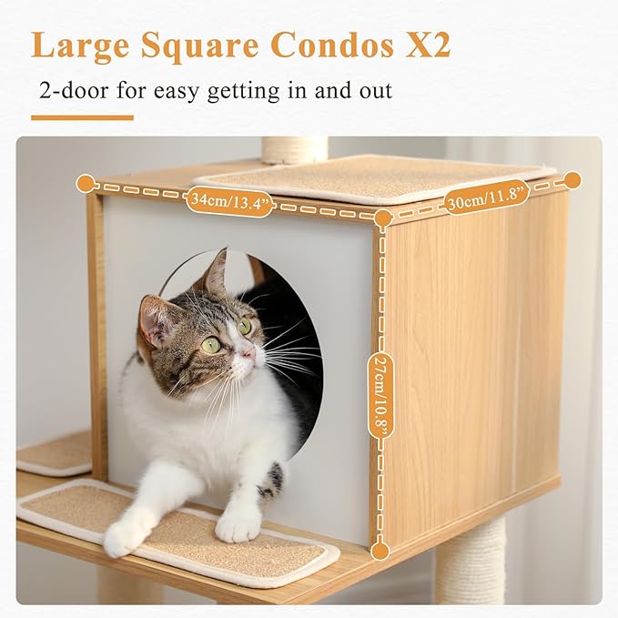 PAWZ Road Large Cat Tree, 51 Inches Wooden Cat Tower with Double Condos, Spacious Perch,Soft Hammock and Totally Wrapped Sisal Posts for Large Indoor Cats-Beige