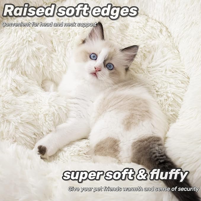Anti Anxiety Round Fluffy Plush Faux Fur Warm Washable Dog Bed & Cat Bed, Original Bed for Small Medium Large Pets,Used to Relieve Joints and Improve Sleep（20"/24"/27''） (27", White)