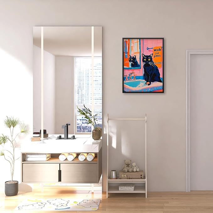 Black Cat Wash Your Paws Fun Wall Art Funky Colorful Bathroom Animal Poster Playful Kitsch Dopamine Aesthetic Canvas Pictures 08x10 inch Black Framed for Bathroom Wall Decor