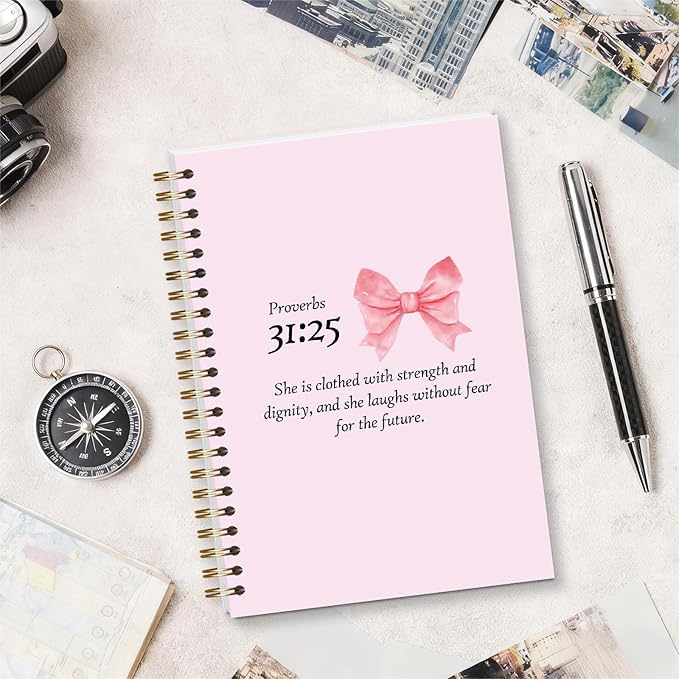 Bible Journal Spiral Notebook, Coquette Pink Bow Bible Study Supplies, Christian Gifts for Women Girls, 5.5x8.3 Inch - A10