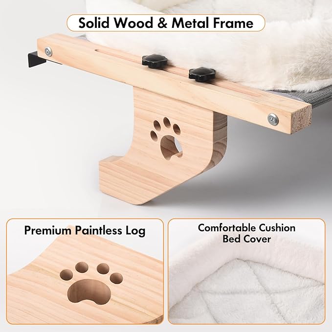 AMOSIJOY Cat Sill Window Perch Sturdy Hammock Seat with Cushion Bed Cover, Wood & Metal Frame for Large Cats, Easy to Adjust Windowsill, Bedside, Drawer and Cabinet (L)