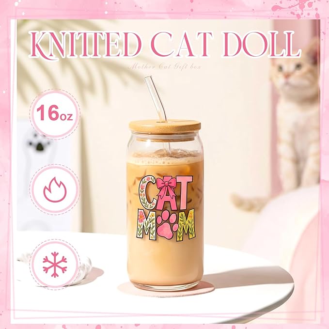 Sadnyy 8 Pcs Cat Themed Gifts for Women Cat Lovers Funny Crazy Mom Gifts Box Basket Set 16 oz Glass Cup Tote Bag Crochet Animal Keychain Stuff Present for Lady People Who Love Kitten Birthday