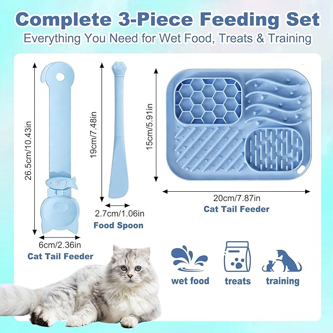 AZY 3-Piece Slow Feeder cat Bowl and Lick Mat Set – Silicone Cat Treat Spoon, Feeding Mat for Wet Food, Enrichment and Slow Eating (Blue)