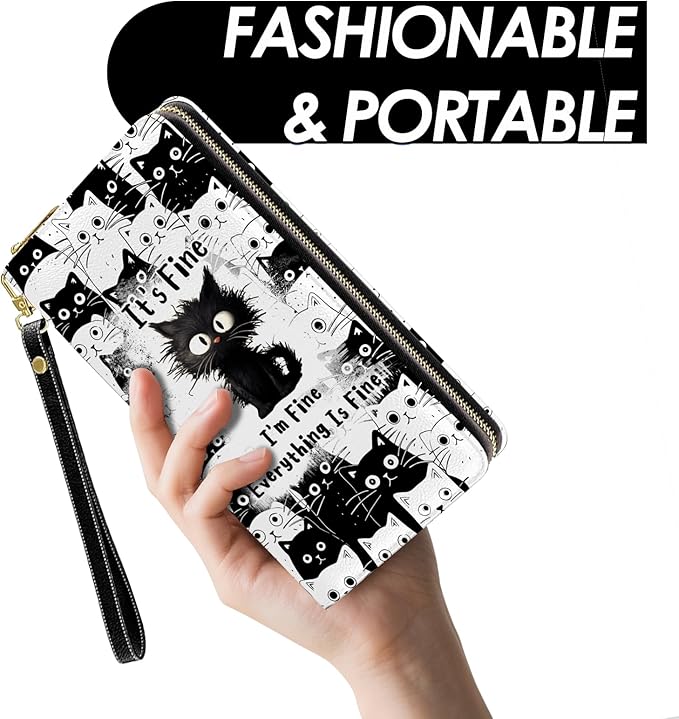 Fine Cat Womens Wallet, Funny Black Cat Wristlet Wallet For Cat Lovers, It's Fine Credit Card Holder Purse, Birthday Christmas Graduation Gifts For Women Mom, Travel Office Daily Purse