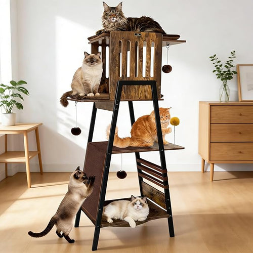 57 Inch Multi-Level Modern Cat Tree Tower with Hammock & Scratching Ramp - Wooden Heavy-Duty Cat Tower for Large Cats & Multi-Cat Households, Easy to Clean (Brown)