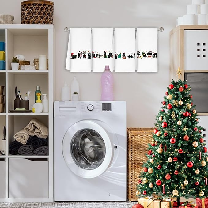 Jvpke Cat Christmas Towel Set - 4 Pcs, 16x24 In, Cat Lovers Gift, Kitchen & Bathroom Decor