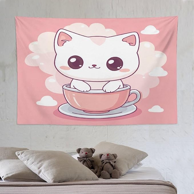Kawaii Cat Tapestry As Wall Art Cute Kitten Cat Meow Tapestry Aesthetic Landscape Tapestry Wall Decor for Bedroom Living Room Dorm 60"x90" Wall Hanging for Home Decor Bedroom Living Room Dorm Decor