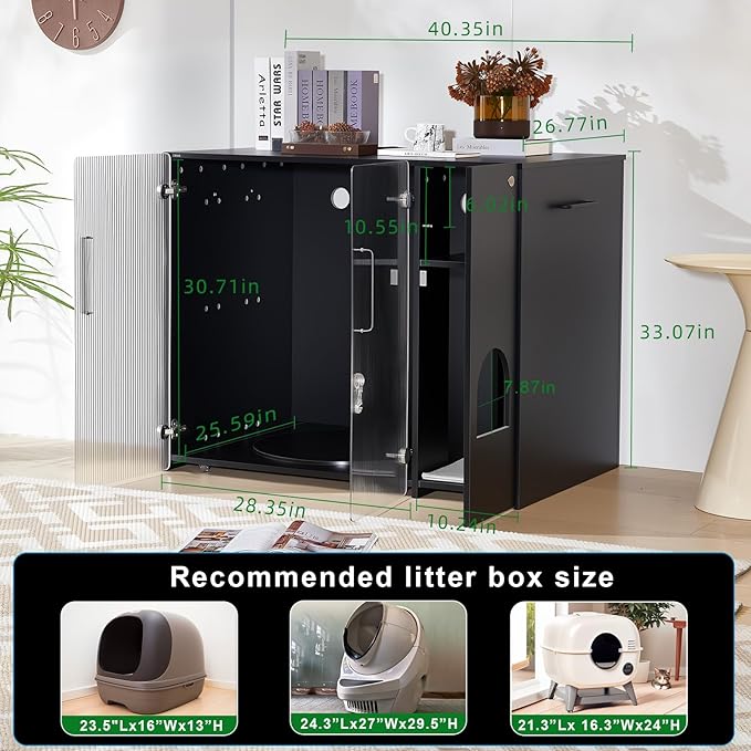 Cat Litter Box Enclosure - Dog Proof Cat Litter Box with Pull-Out, Rotating Features, Includes Power Outlet and Acrylic Wave-Patterned Door Panels with Lock,Elegant Black