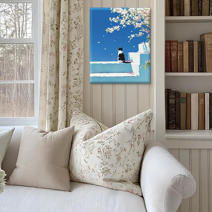 Cute Cat Floral Blue Wall Art Decor Cherry Blossom Kitten Print Picture Cat Lover Gifts Wall Decor for Home Living Room Bedroom 8x10 Inch Canvas Framed