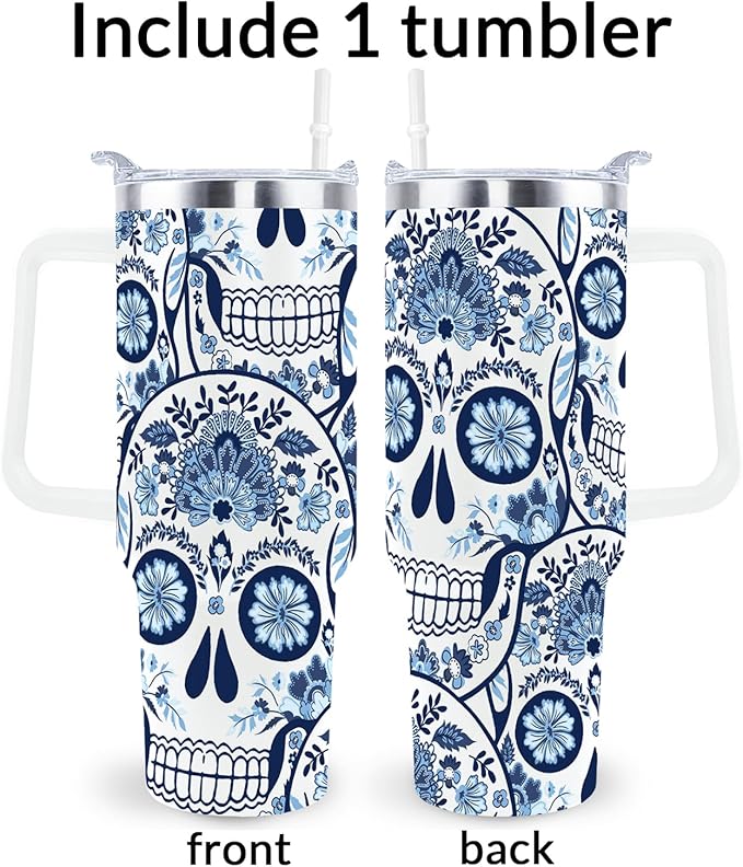 Goth Gifts Goth Tumbler Halloween Tumbler 40 Oz Sugar Skull Gifts Cup For Women Men Spooky Skeleton Travel Mug with Handle Lid and Straw