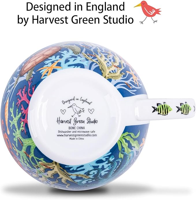 Summer Ocean Wonders Hug Mug - 20oz Deep Blue Bone China Coffee Mug with Sea Turtle, Octopus and Tropical Fish, Marine Life Themed Gift for Ocean Lovers, Designed in England by Harvest Green Studio