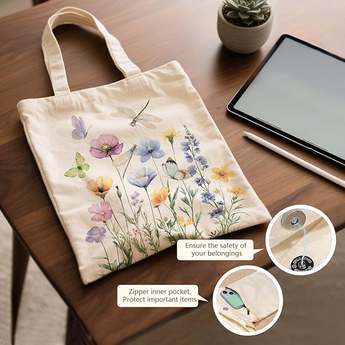 Aesthetic Canvas Tote Bag for Women - with Magnetic Snap Closure & Zipper Inner Pocket Reusable Bag for Shopping