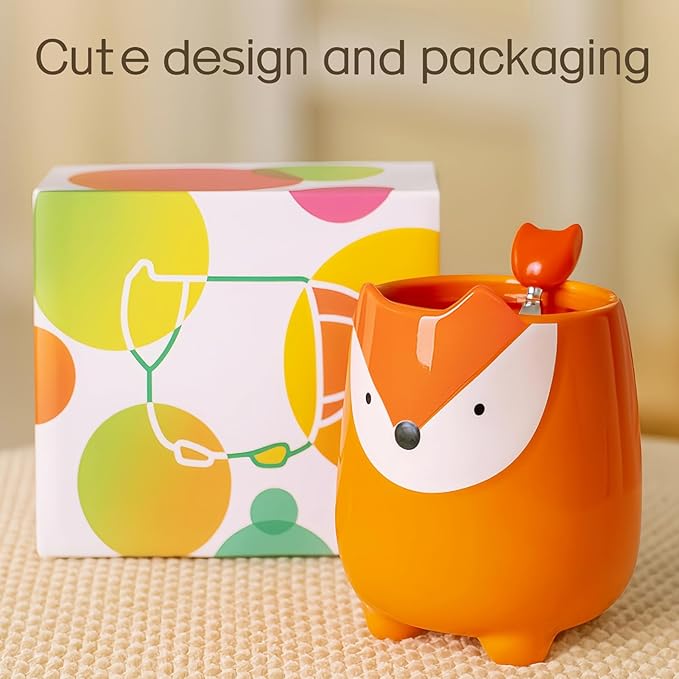Yuwu 17oz Fox Mug with Built-in Tea Bag Holder and Spoon-Cute Glossy Ceramic Animal Tea Cup for Kids, Women, Girls-Gift for Autumn, Birthday, Christmas (orange)