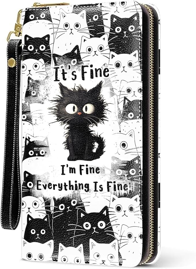 Fine Cat Womens Wallet, Funny Black Cat Wristlet Wallet For Cat Lovers, It's Fine Credit Card Holder Purse, Birthday Christmas Graduation Gifts For Women Mom, Travel Office Daily Purse