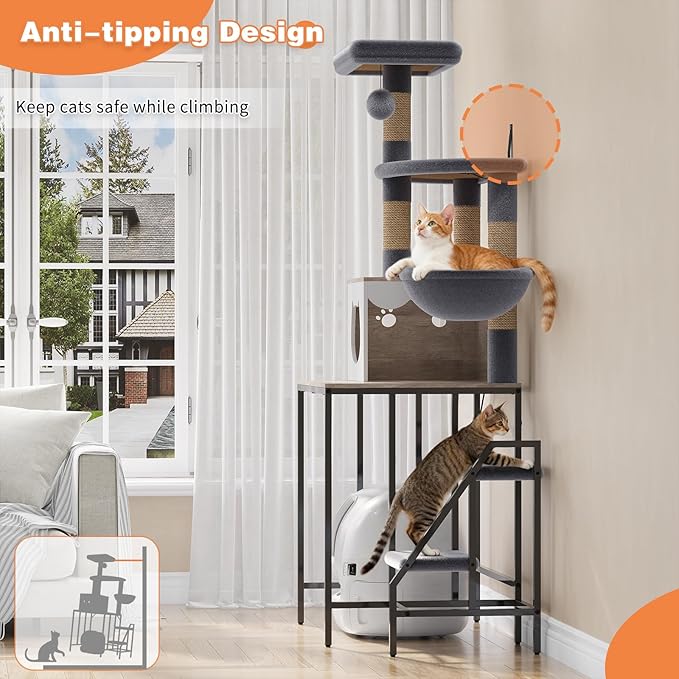 HavenlyYouth Cat Tree for Self-Cleaning Litter Box, 67.3''H Multi-Level Cat Tower for Automatic Litter Box 28.9H*24.1''L*21.1''D, Cat Tree Furniture with Perch and Cozy, Light Gray