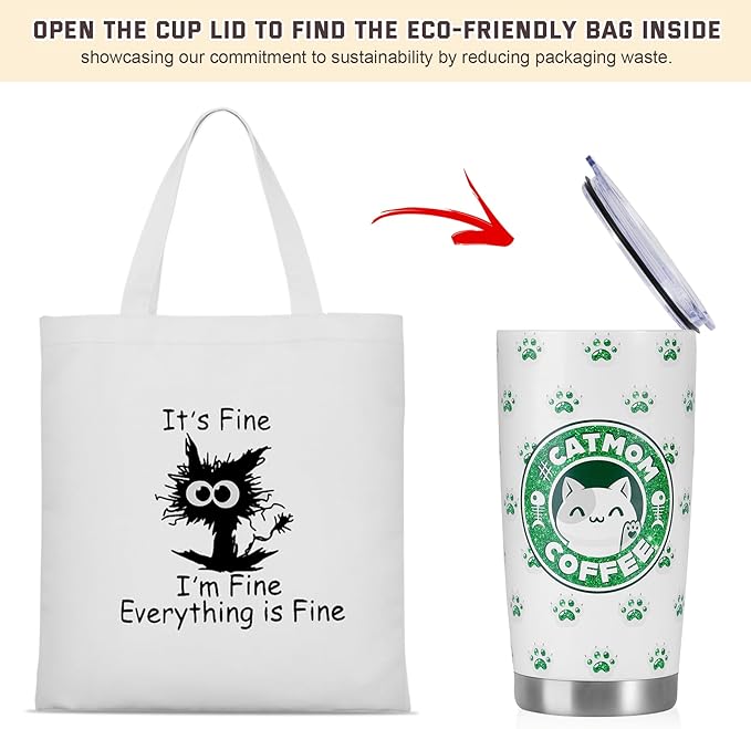 Cat Mom Gifts, Cat Lover Gifts for Women, 20 OZ Tumbler & Canvas Tote Bag - Funny Crazy Lady Birthday, Mothers Day, Cat Themed Gifts for Wife, Women Friend, Sister, Grandma