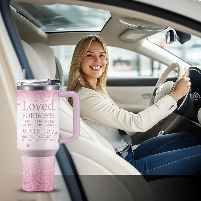 Gifts for 16 Year Old Girl - 16th Birthday Tumbler 40 oz with Straw, Pink Insulated Cup - Cool Birthday Present for Teen Girls, Daughter, Sweet 16 Gift
