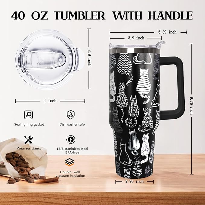 Ceovfoi 40 Oz Black Cat Coffee Travel Mug Cup Water BottleTumbler With Handle,Cat Decor,Black Cat Gifts for Women