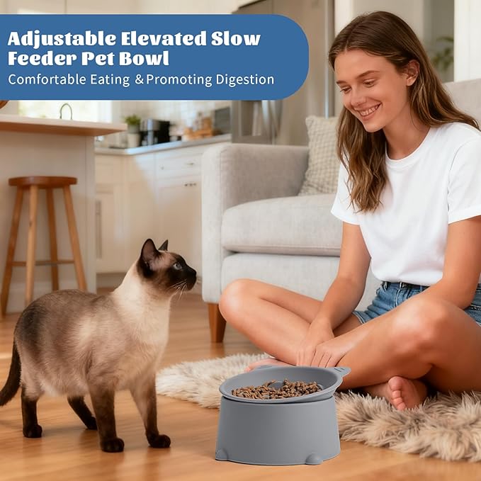 Cat Raised Bowls Silicone, 3 Modes to Adjust Height Elevated Cat Bowl to Protect Puppy,Kitten Spine and Anti Vomit Slow Feeder with 10° Tilted Detachable Dish for Pet Dry,Wet Food