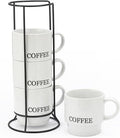Signature Housewares Stackable Coffee Mug Tower Set with Metal Wire Rack - 15 Ounce Coffee Mugs for Coffee, Tea, Cocoa, Milk, Cappuccino, Hot Chocolate Set of 4 - White Coffee